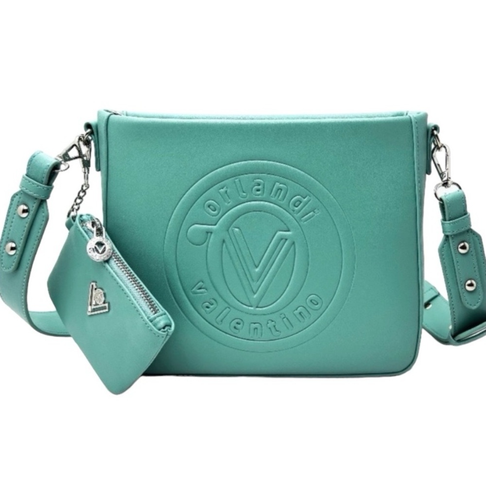 Valentino Orlandi Teal Vegan Leather Embossed Logo Crossbody Bag with Coin Purse